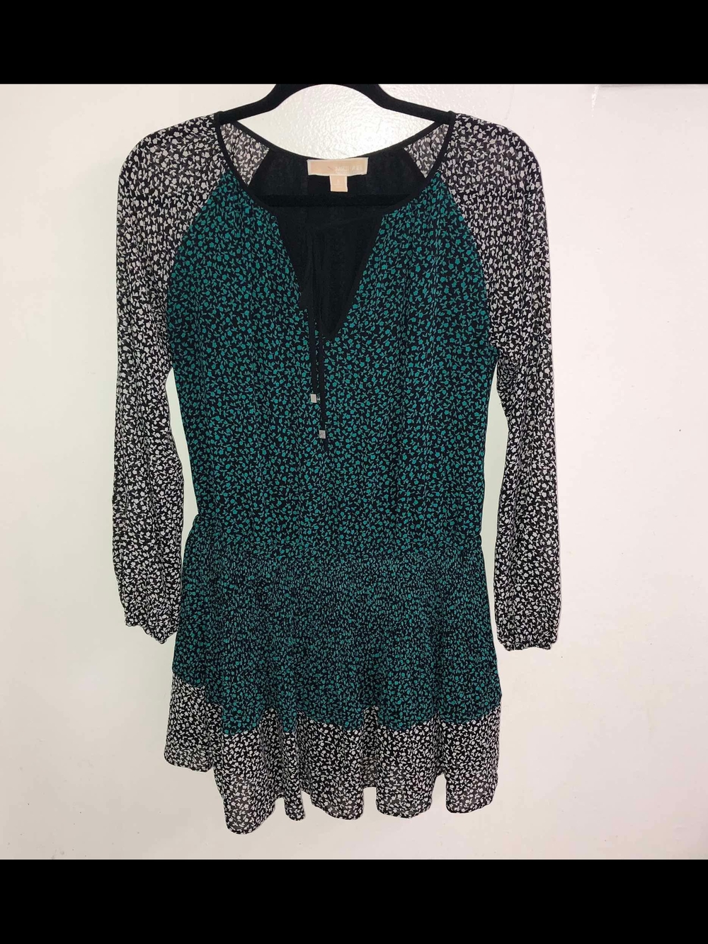 Michael Kors Teal and Black Floral Long-Sleeve Tiered Dress